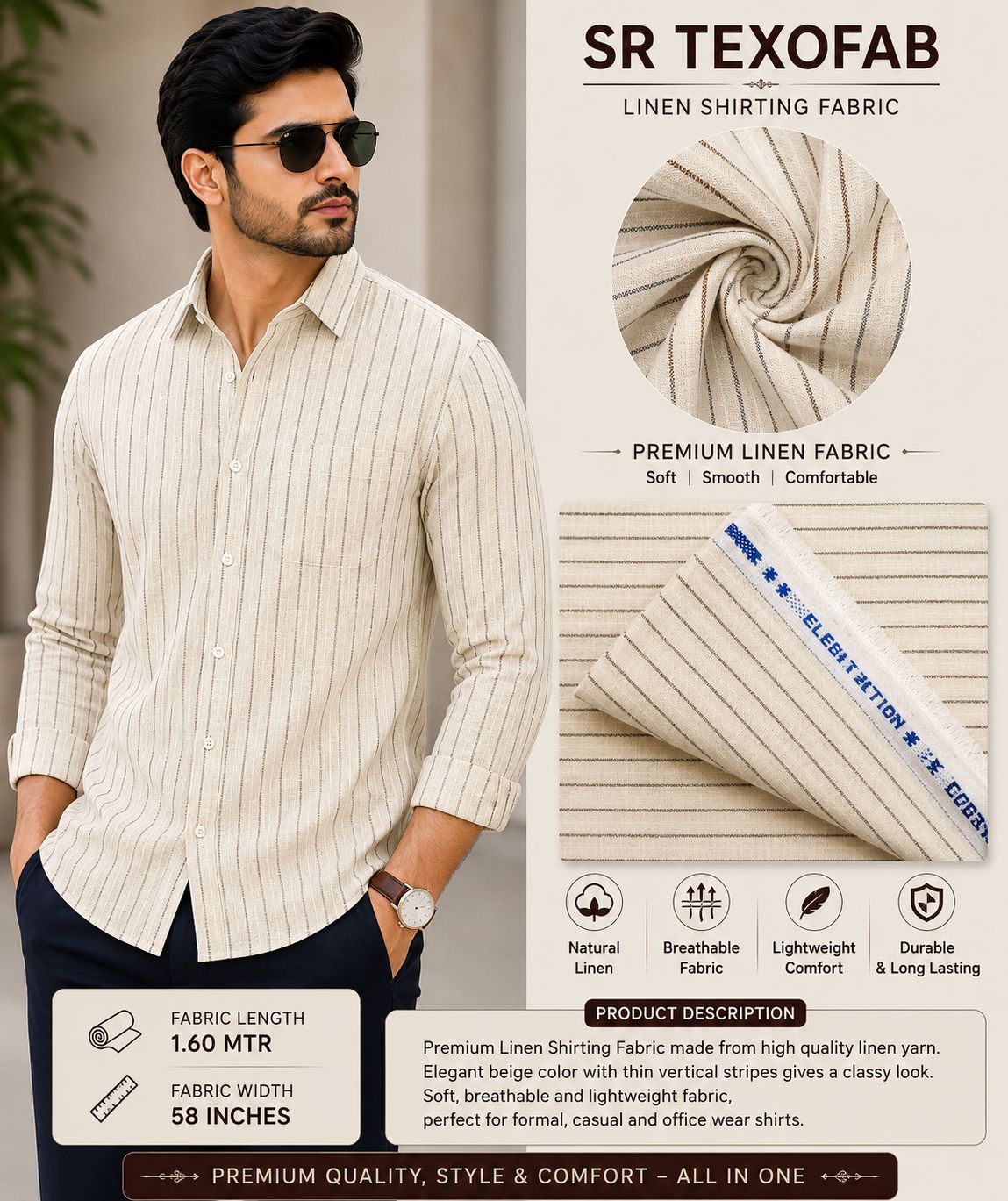 Premium Beige Linen Brown Stripe Shirting Fabric 