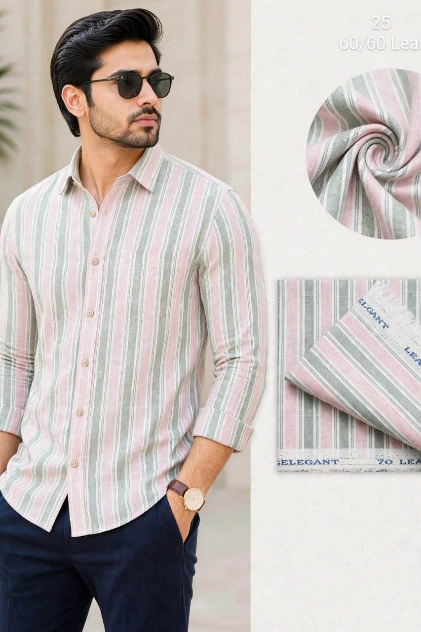 Pastel Pink And Sage Green Striped Linen  Shirt Fabric 60 By 60 LEA