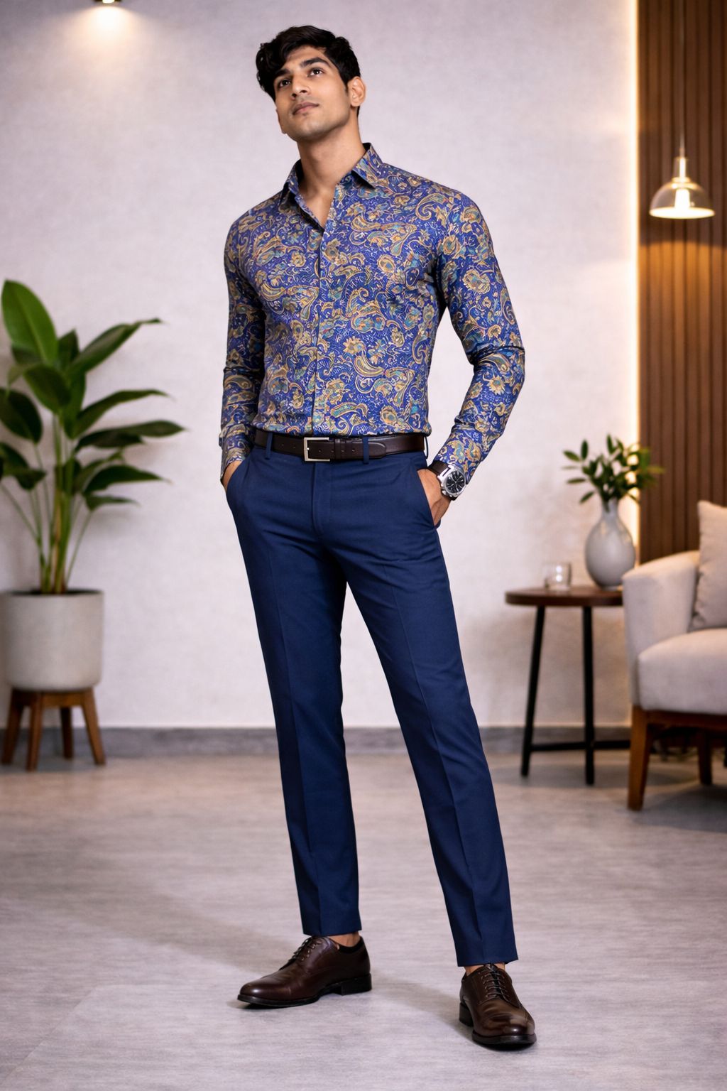 Royal Blue Floral Paisley Shirt Pant Fabric Set