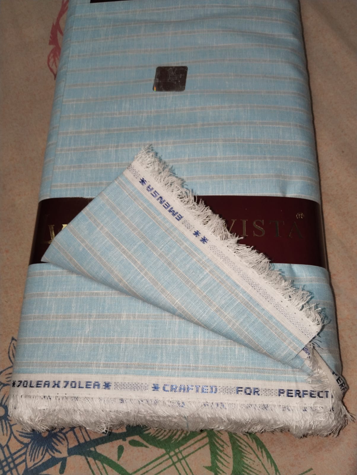 SR Texofab Premium Linen - Light Sky Blue With White Double Stripe Shirting Fabric 