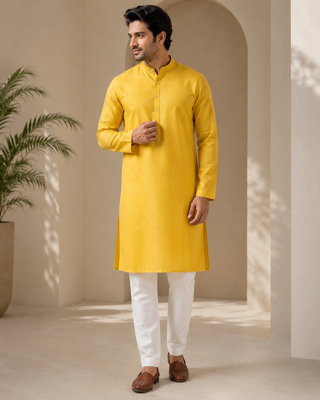 Mustard Yellow Premium Kurta With White Pajama Fabric