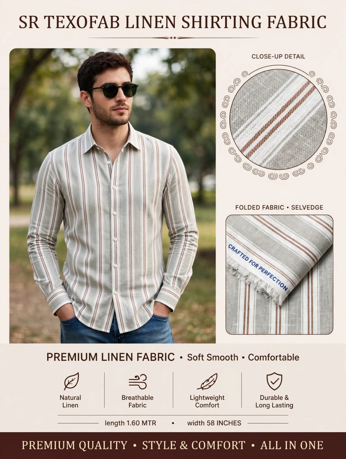 Premium Linen - Light Grey Double Copper Stripe Shirting Fabric 