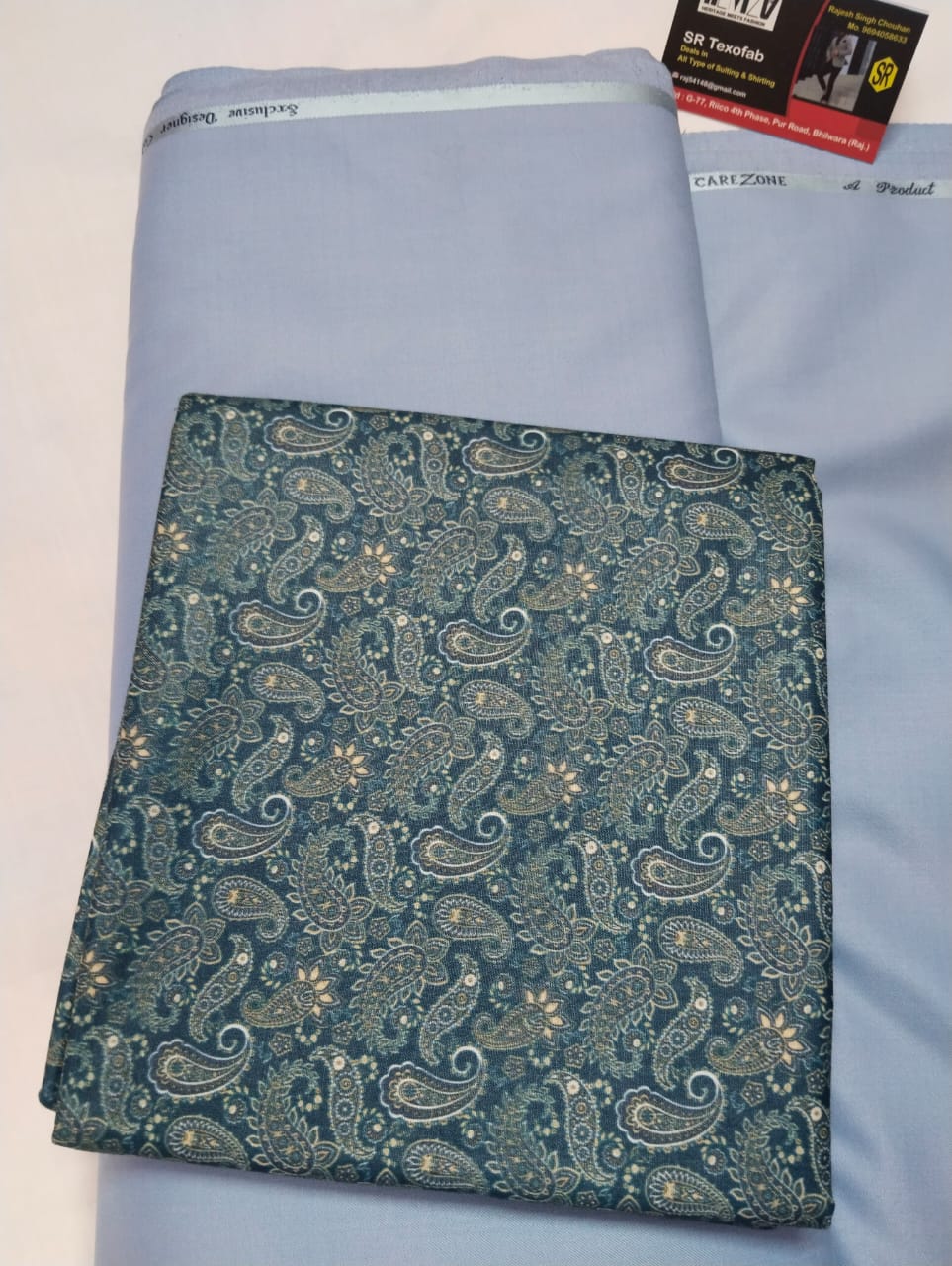 Teal Blue Paisley Classic Shirt Pant Fabric Set