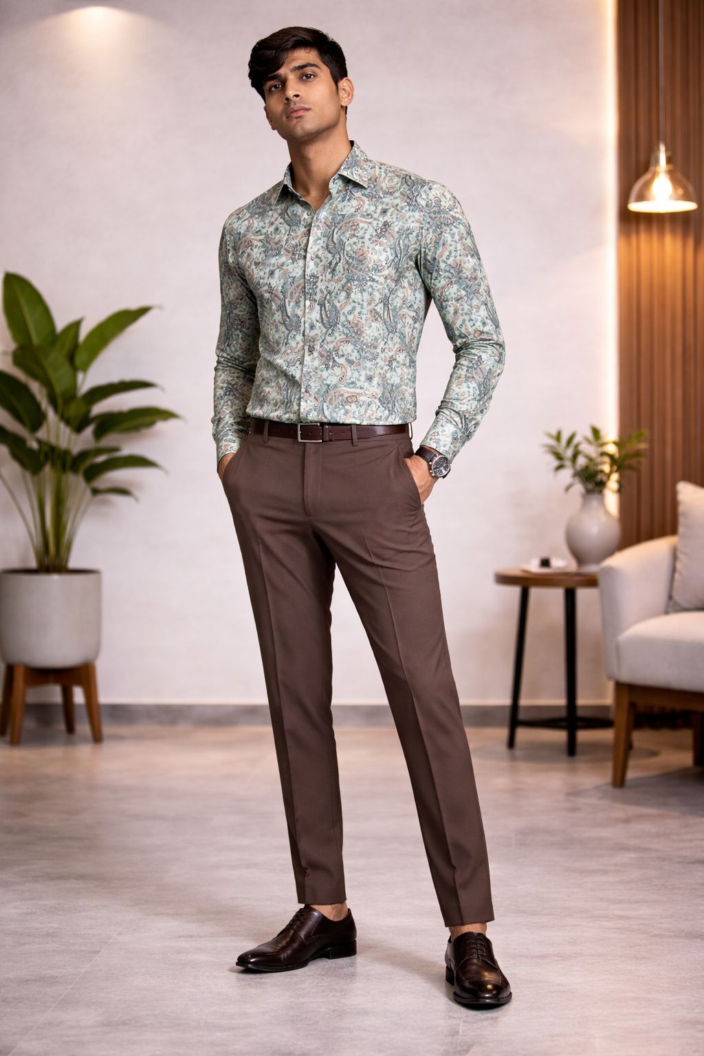 Premium Mint Paisley Printed Shirt Fabric With Coffee Brown Pant Fabric Combo