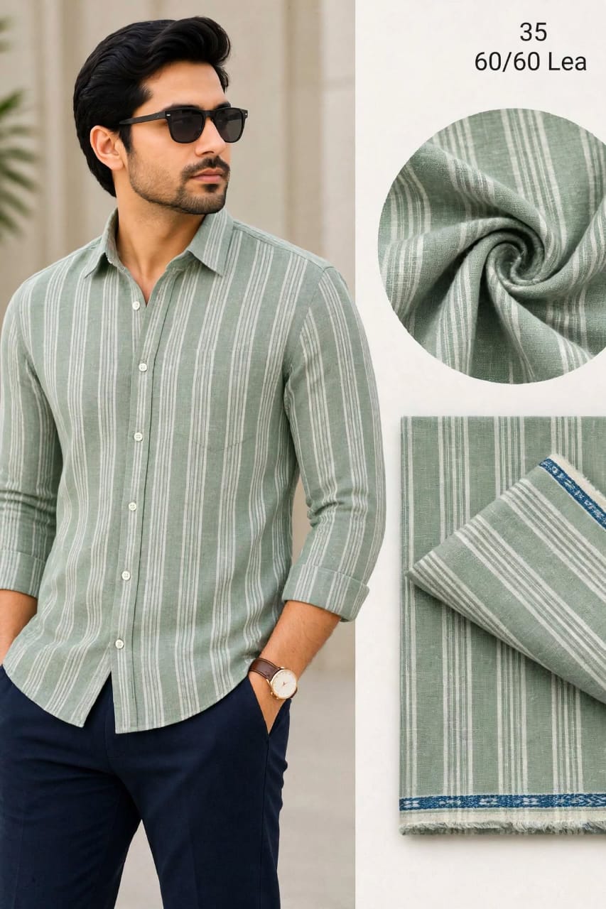  Sage Green And White Striped Linen  Shirt Fabric 60 By 60 LEA 