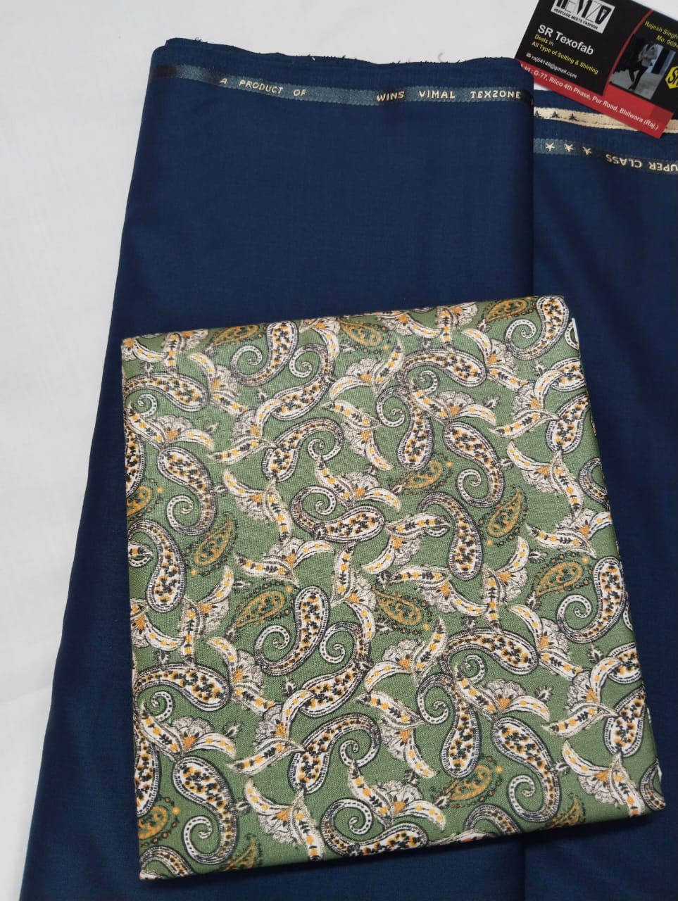 Olive Green Paisley Premium Shirt & Navy Pant Fabric Set