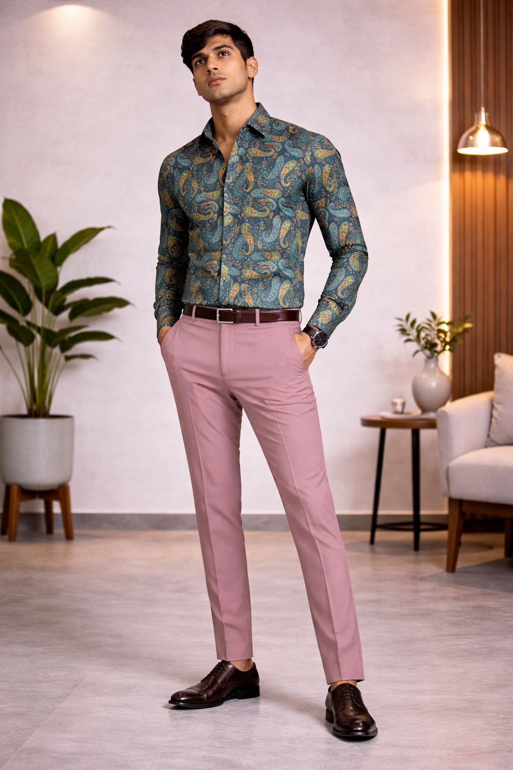 Trendy Teal Paisley Shirt Fabric With Soft Rose Pink Pant Combo