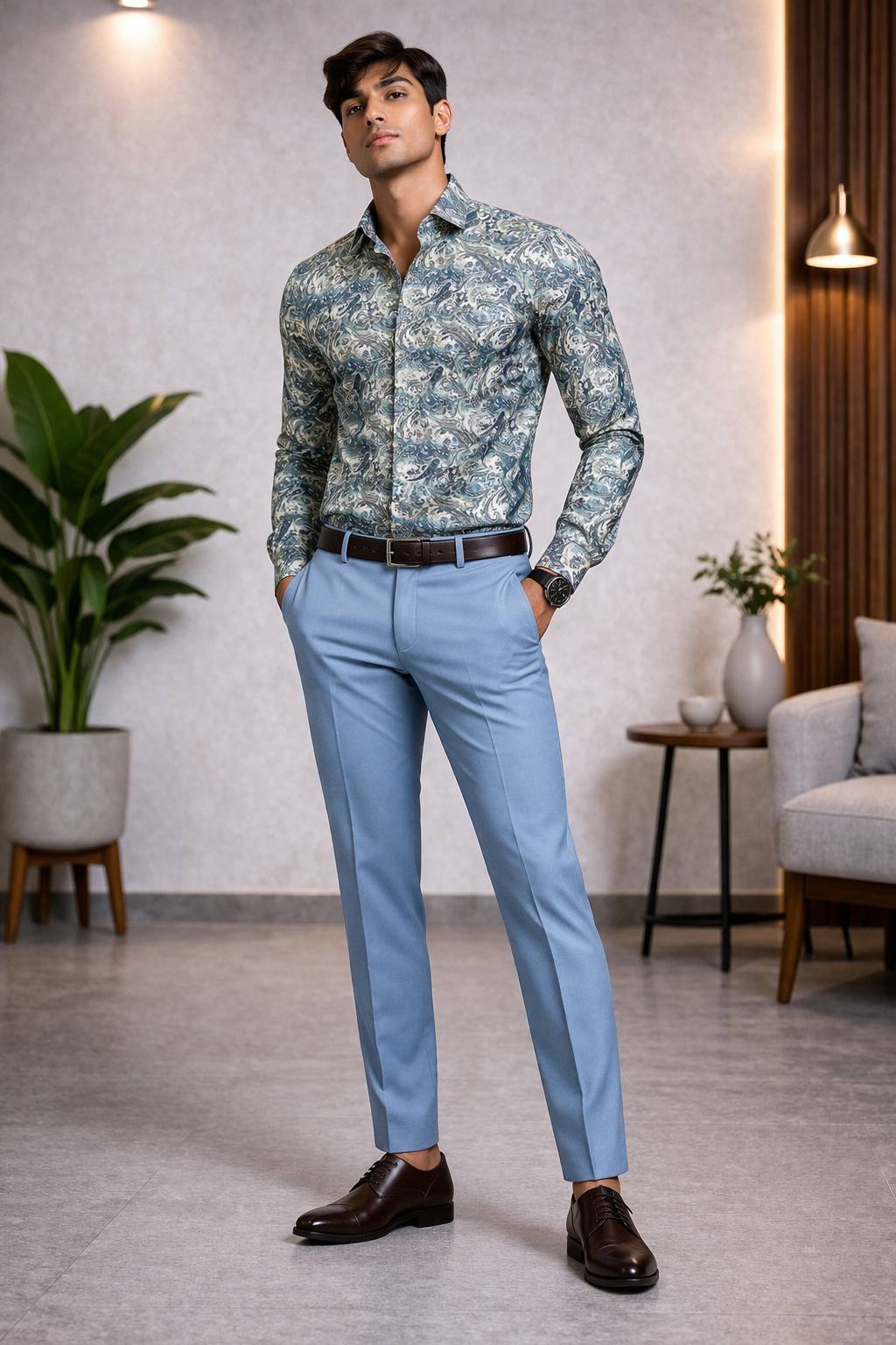 Sky Blue Paisley Elegance Shirt Pant Fabric Set