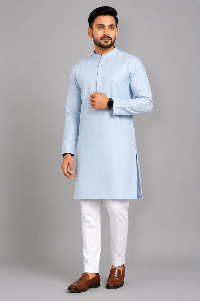 Sky Blue Kurta With White Pajama Fabric Set – Premium Cotton Blend