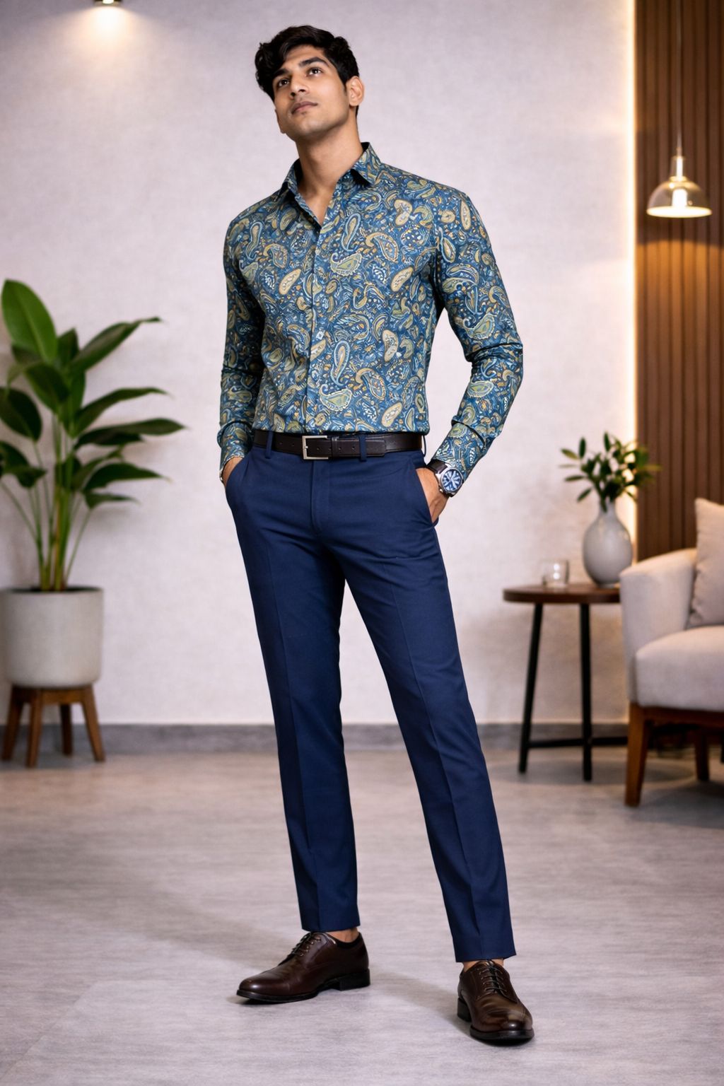 Royal Teal Paisley Premium Shirt & Navy Pant Fabric Set