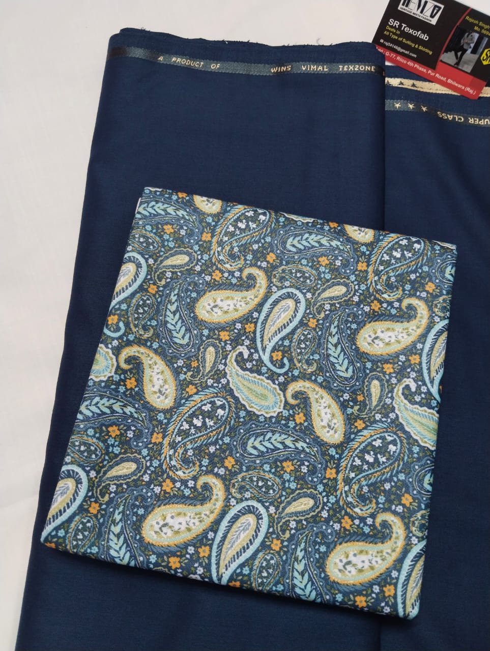 Royal Teal Paisley Premium Shirt & Navy Pant Fabric Set