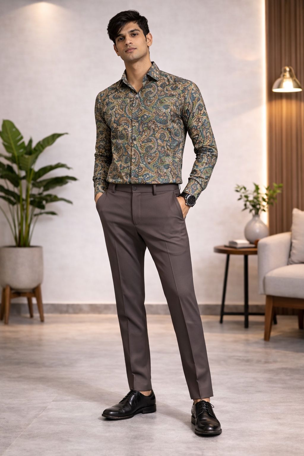 Premium Paisley Printed Shirt Fabric With Coffee Brown Pant Fabric Combo
