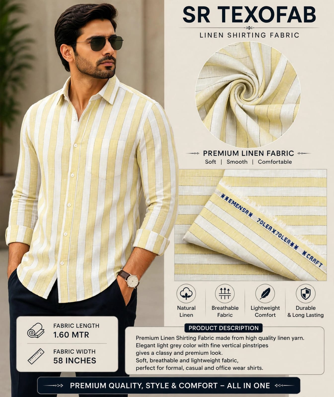  Pale Yellow & White Broad Stripe Linen Shirting Fabric 