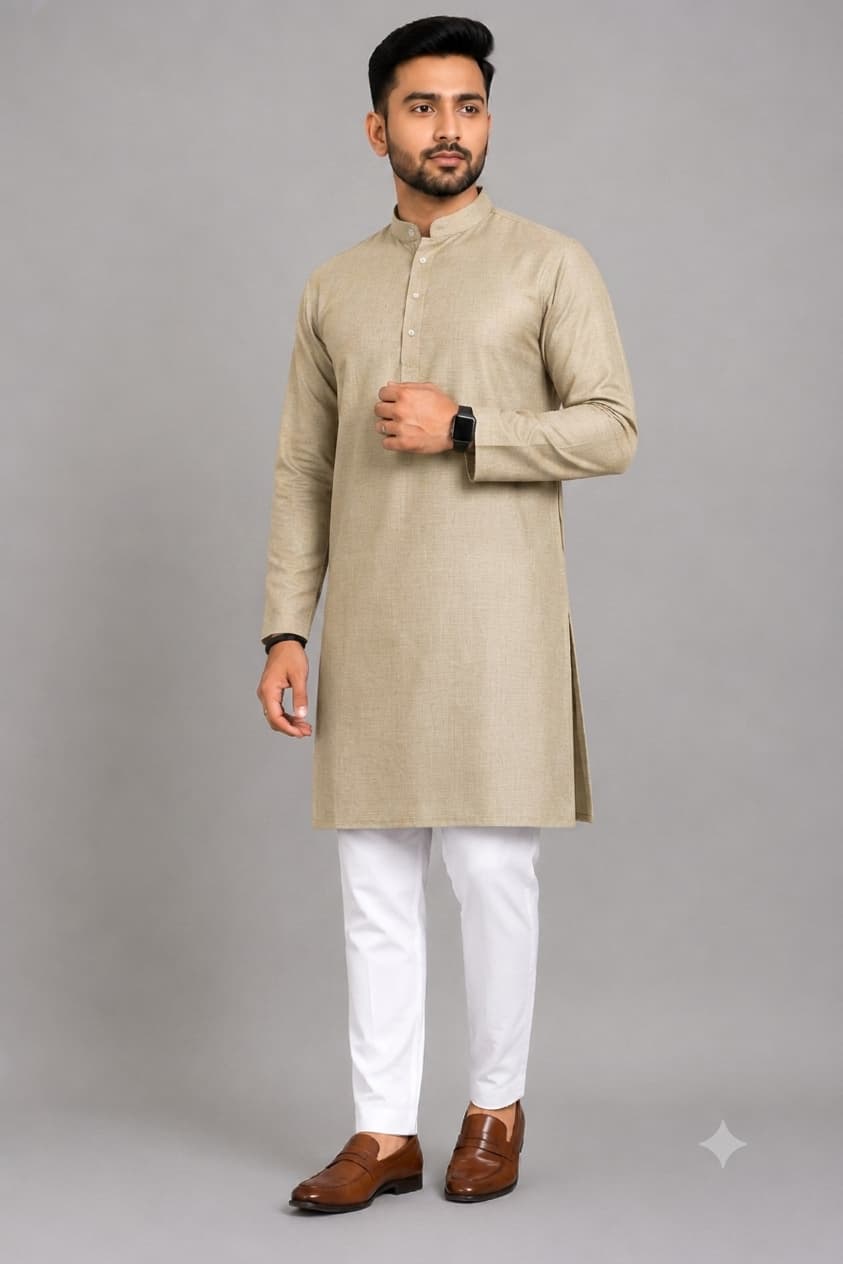 Golden Kurta With White Pajama Fabric Set – Premium Cotton Blend